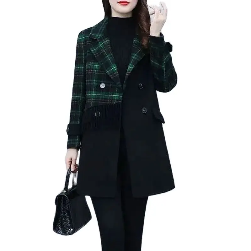 

Fashion Splice Checked Woolen Coat Female Mid-Length Double-Breasted Women's Spring Autumn Winter Wool Blend Outerwear 2023 New