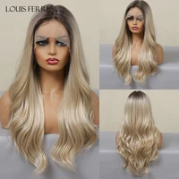 louis ferre 13x1 lace frontal light blonde wave wigs with baby hair long blonde balayage synthetic wig for women heat resistant