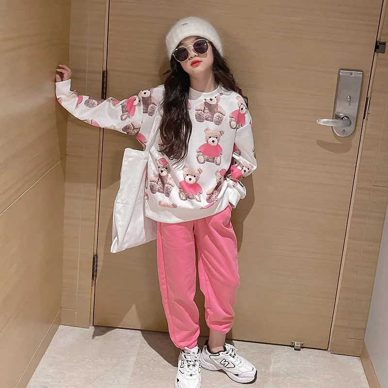 

teenager Girls clothes set 2022 Korean fashionable sportswear cartoon bear Sweater+trousers big girls two-piece clothing suit