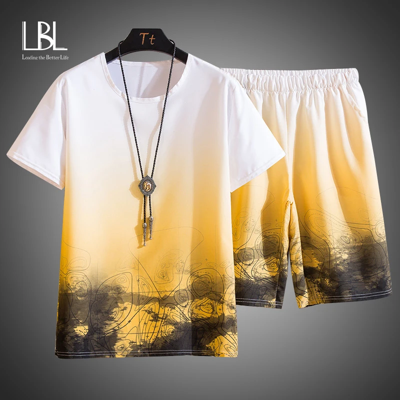 Summer 2 Piece Patchwork Set Men Fashion Clothing Streetwear Clothes Men Casual Shorts Set Tracksuit 2022 Men Jogger Shorts Suit