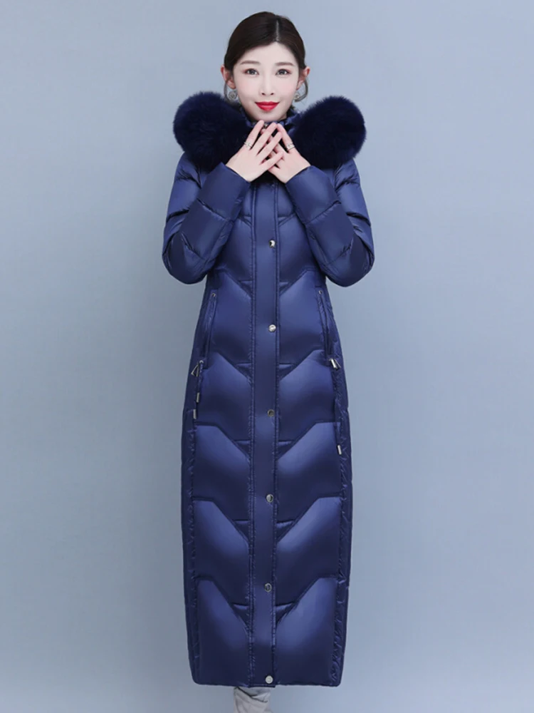 New Women Glossy Surface Down Coat Winter Fashion Thicken Warm Hooded Real Fox Fur Collar Slim Long Down Jacket Ankle-Length