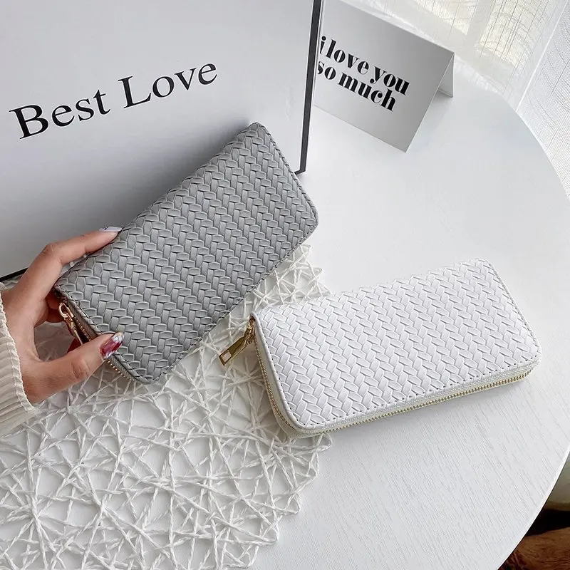 

2023 Women Weave Wallet Leather Wrist Handle Phone Case Long Section Money Pocket Pouch Handbag Women Purse Card Holder Wallet