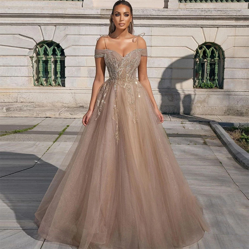 

Beading Crystal Long Tulle Prom Dresses Applique Bead String Off Shoulder Lace Appliques Evening Gowns Saudi Arabic Formal Party