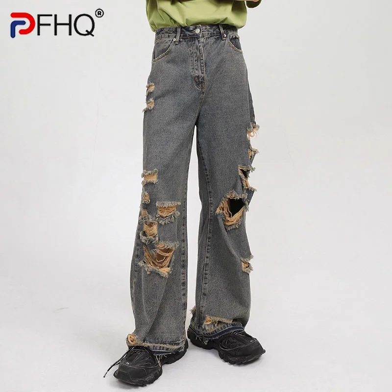

Мужские рваные джинсы PFHQ, повседневные Прямые модные брюки с дырками, винтажные элегантные брюки с широкими штанинами в Корейском стиле, ве...