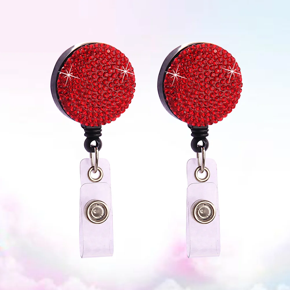 

2Pcs Retractable Round Badge Clips Rhinestone ABS Straps ID Cards Badge Holders Name Tags Work Badges Accessories (Bright Red)