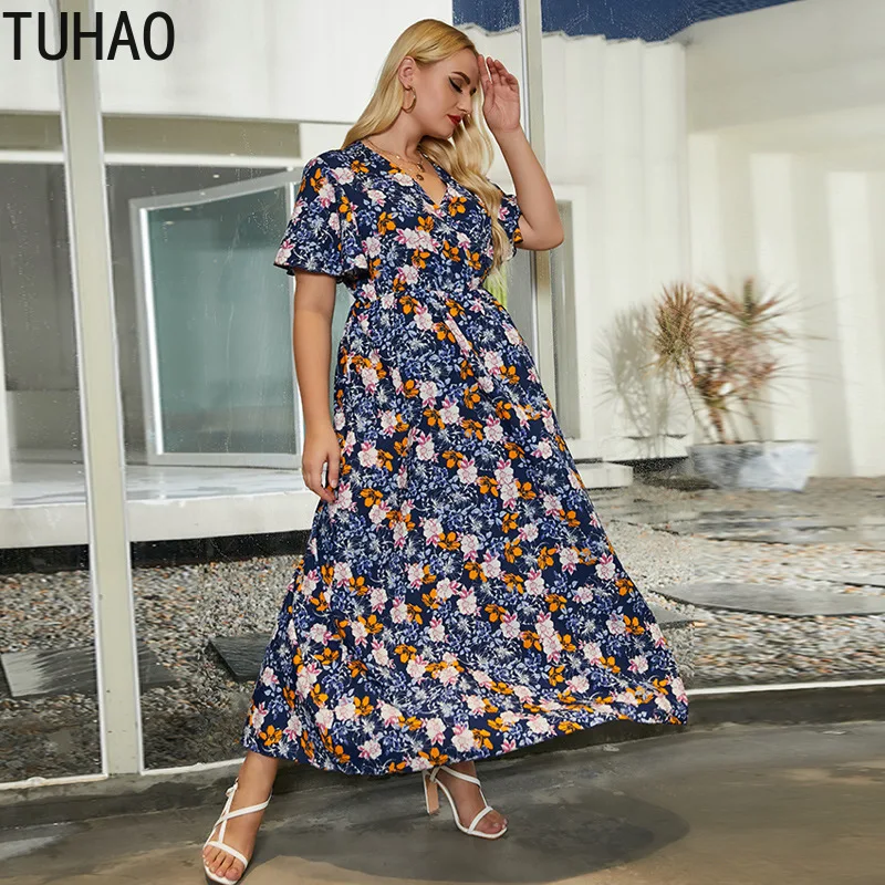 

Платье TUHAO женское с цветочным принтом, модный длинный сарафан в стиле оверсайз, пляжное макси-платье для отдыха, 5XL, 4xl, 3xl, на лето