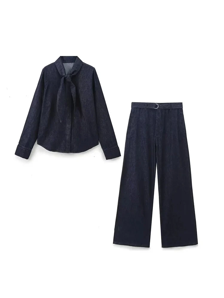 [HAIBE] 2024 однотонный костюм для девочек украшенный бантом джинсовая рубашка блузка