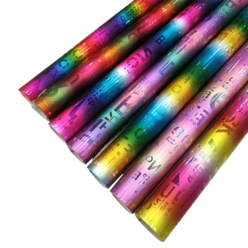 

30x135cm English Letter Embossed Holographic Metallic Laser PU Artificial Leather Fabric Sheet for Making Shoe/Bag/Craft