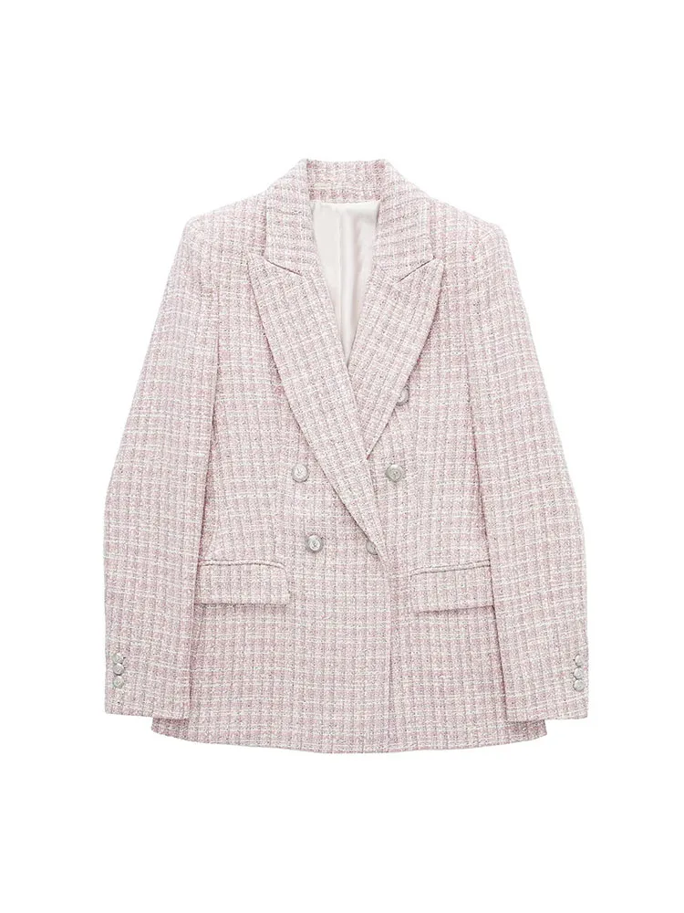

Women 2022 Autumn New Fashion Textured Double Breasted Blazer Coat Vintage Long Sleeve pocket Female Outerwear Chic