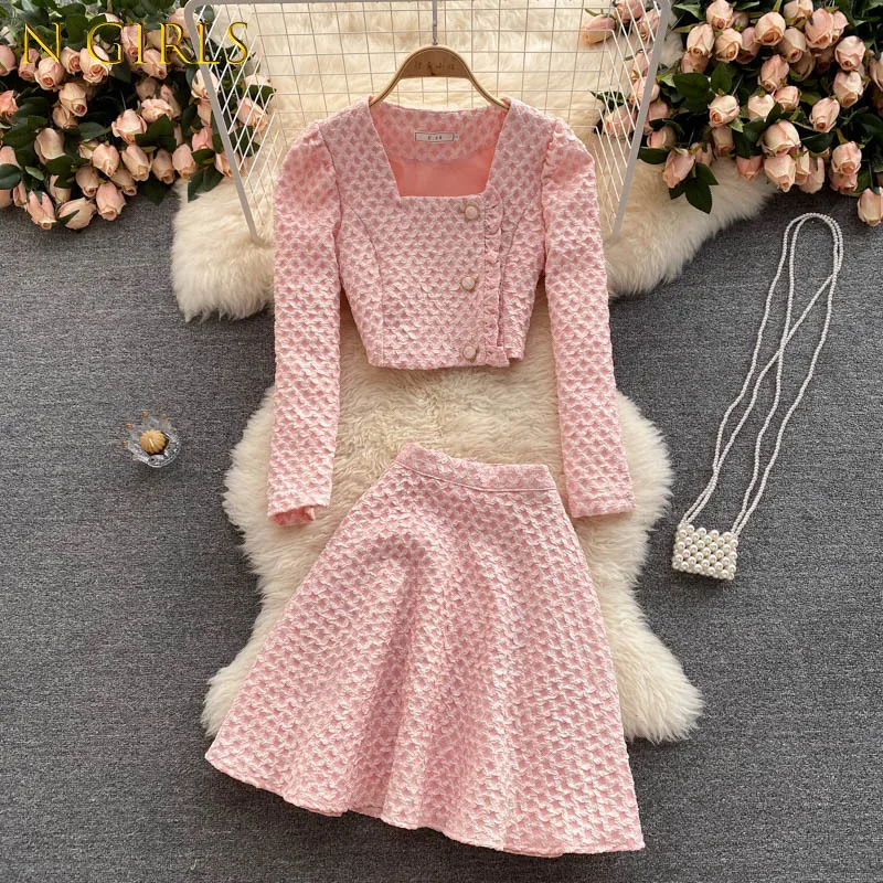 

N GIRLS Runway Fall Spring Korean All Sweet Luxury Women's Plaid Coat Top + High Waist Elegant Mini Skirts Two Pieces Set Suits
