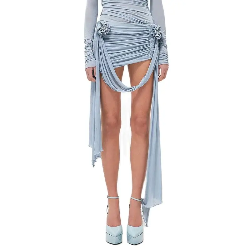

Stereoscopic flowers decorated draped sexy mini skirt female 2023 new collection pleated floating belt package hip skirt y2k