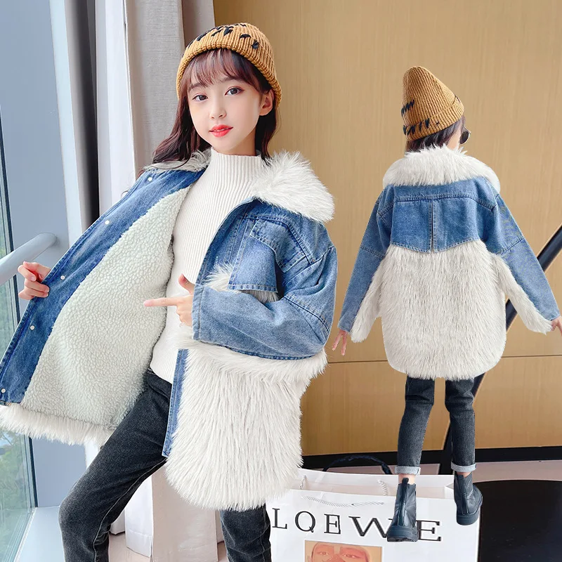 

Верхняя одежда для девочек-подростков, Зимние новые модные джинсовые топы в стиле пэчворк, детская одежда, плюшевая парка средней длины, плотное теплое пальто 4-12 лет