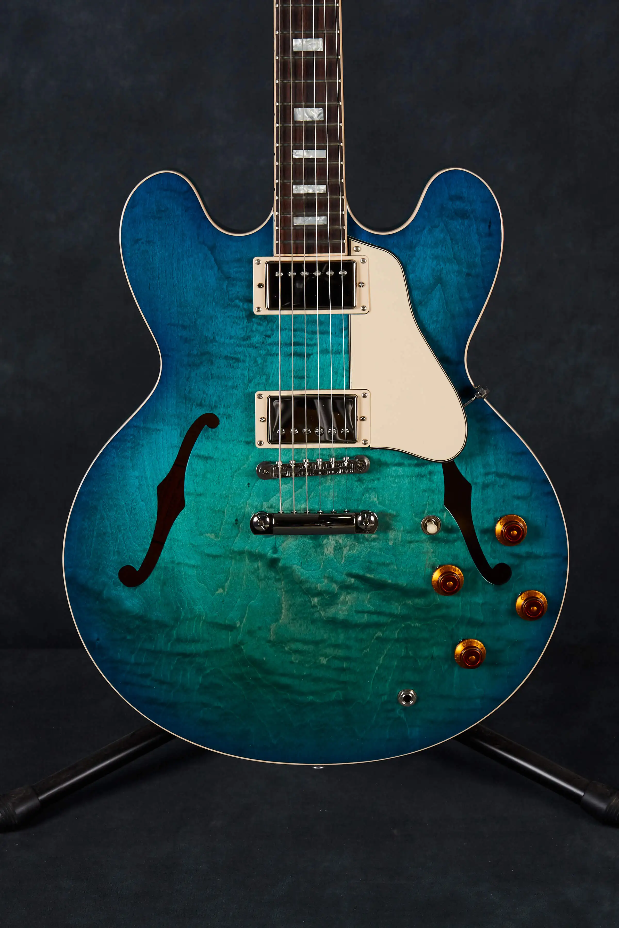 

335 Semi Hollow Figured Aquamarine Blue Green Jazz Electric Guitar Flame Maple Top & Side & Back, Little Pin Tone Pro Bridge