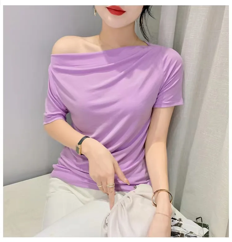 

Fashion High Street Design Sense Slim Small Top Women's 2022 Summer New Style Foreign Style Thin One Line Collar Solid Color