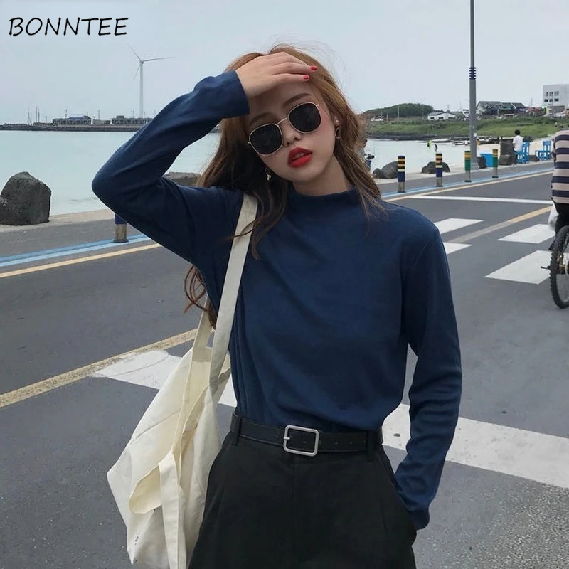 

Long Sleeve T-shirts Women Basic Casual All-match Korean Style Pure Color Female Camisetas Mujer Ulzzang Spring Trendy Students