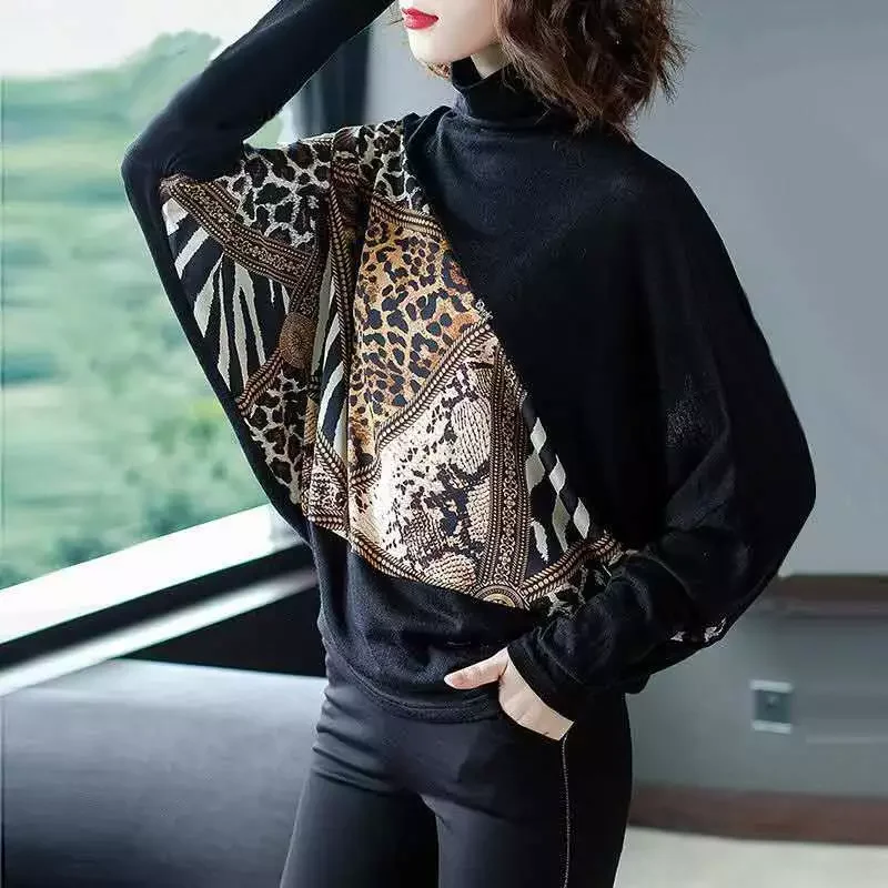 

New Women Batwing Sleeve Thin Sweater Leopard Patchwork Spring Pullovers Sweater