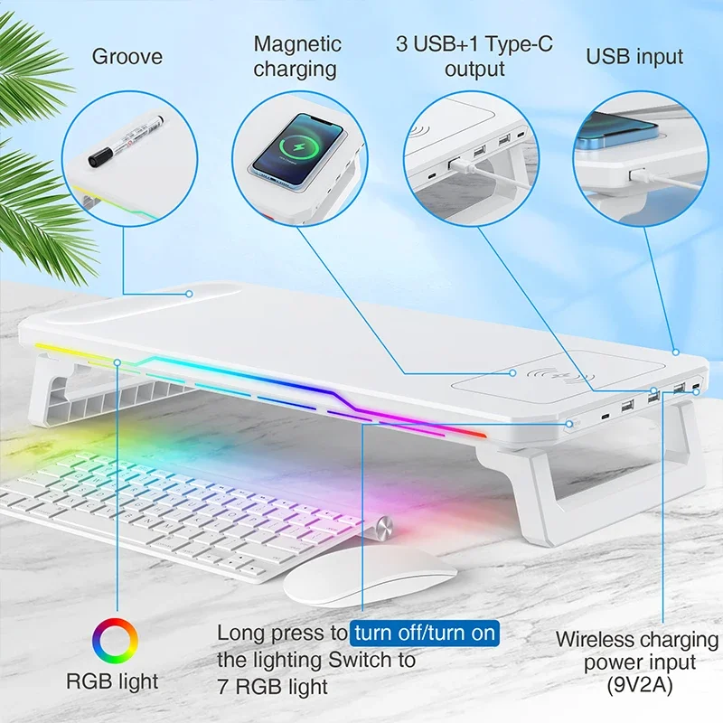 Фото Перезаряжаемая подставка для настольного монитора с эффектом RGB, 3 порта USB 2.0, универсальная стойка для хранения ноутбука с беспроводной зарядкой №3
