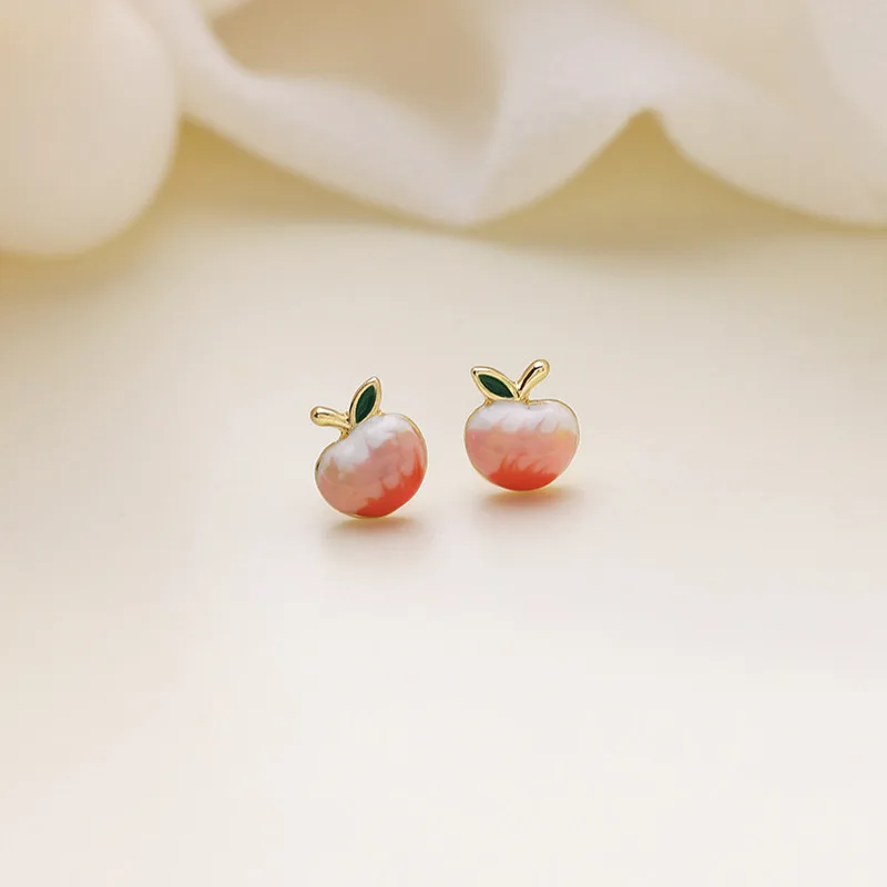 

Korean Sweet Pink Enamel Peach Small Earrings for Women Gold Color Alloy Fruit Stud Earring Statement Jewelry Pendientes 2023