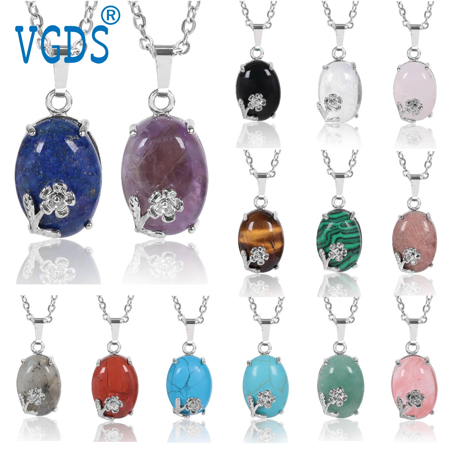 

Favourite Natural Crystal Gemstone Oval Neck Flower Pendants 23.6Inch Chain Fashion Quartz Charm Necklace Jewelry For Women Man