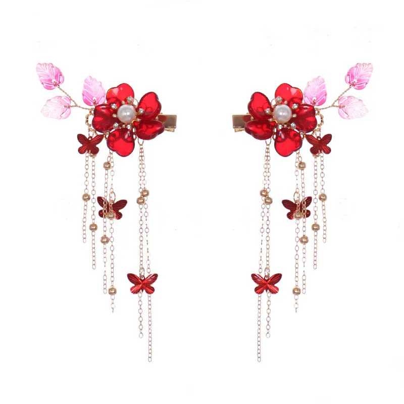 

1pair Exquisite Crystal Red Flower Hairclip Retro Chinese Dress Headwear Long Butterfly Tassels Hair Clip Bride Tiaras Accessoir