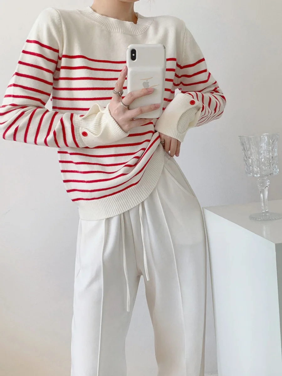 Пуловер в полоску контрастного цвета женский осенне-зимний свитер с круглым