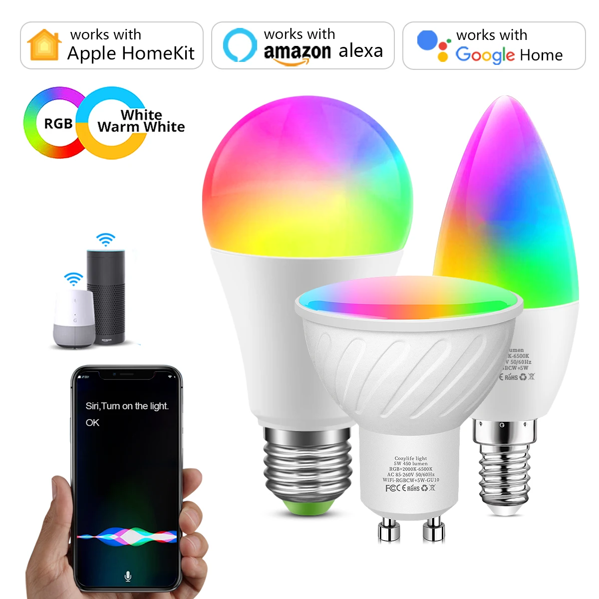 Светодиодная лампа Homekit с поддержкой Wi-Fi E14 GU10 E27 RGBW |