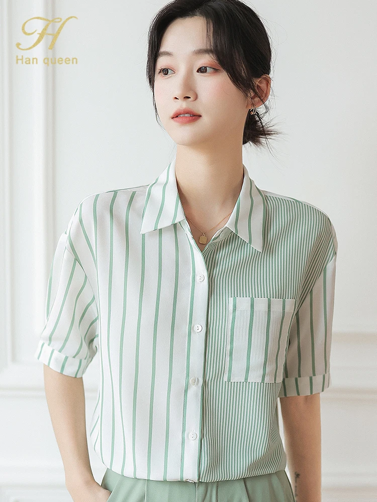 

Блузка женская шифоновая в полоску, с отложным воротником и коротким рукавом