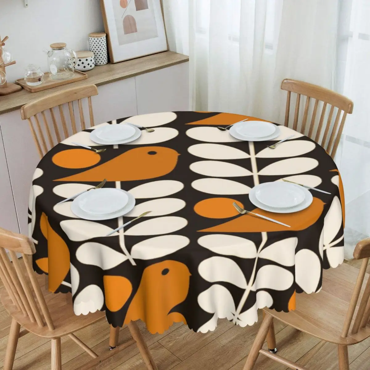 

Round Multistem Birds Black White Orange Table Cloth Oilproof Tablecloth 60 inches Table Cover for Kitchen Dinning