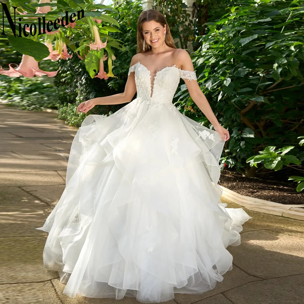 

Nicolle Classic Ruffles Wedding Dresses Deep V-Neck Off The Shoulder Backless Appliques Court Train A-LINE Customised Customised