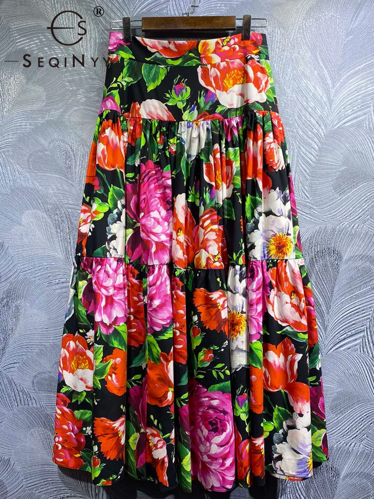 SEQINYY 100% Cotton Skirt Summer Spring New Fashion Design Women Runway High Quality Vintage Flowers Sicily Print Midi Elegant
