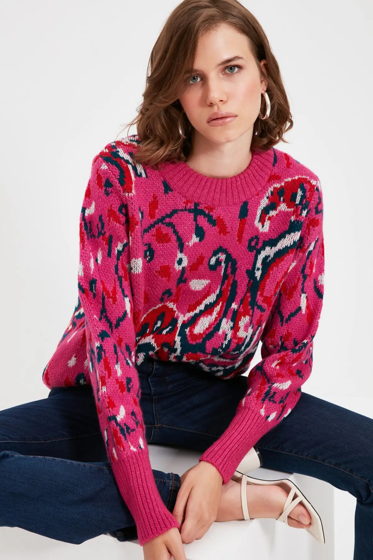 

Fuchsia Wrap Patterned Knitwear Sweater
