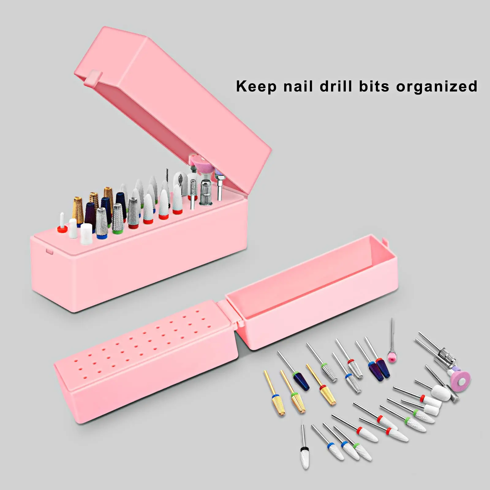 

30 Holes Nail Drill Bits Holder Storage Box Pink Dustproof Nail Bit Holder Milling Cutter Organizer Drill Bit Stand Container