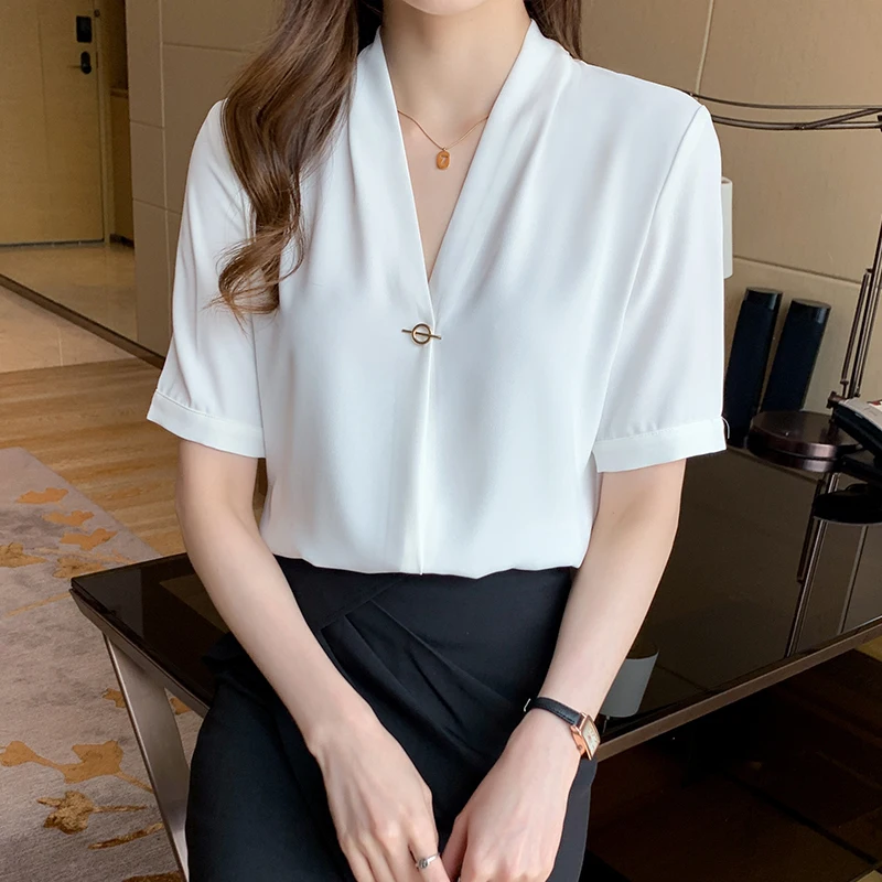 

Шифоновая белая рубашка с V-образным вырезом, лето 2022, новый дизайн, женские офисные Топы с коротким рукавом, тонкие повседневные рубашки, пу...