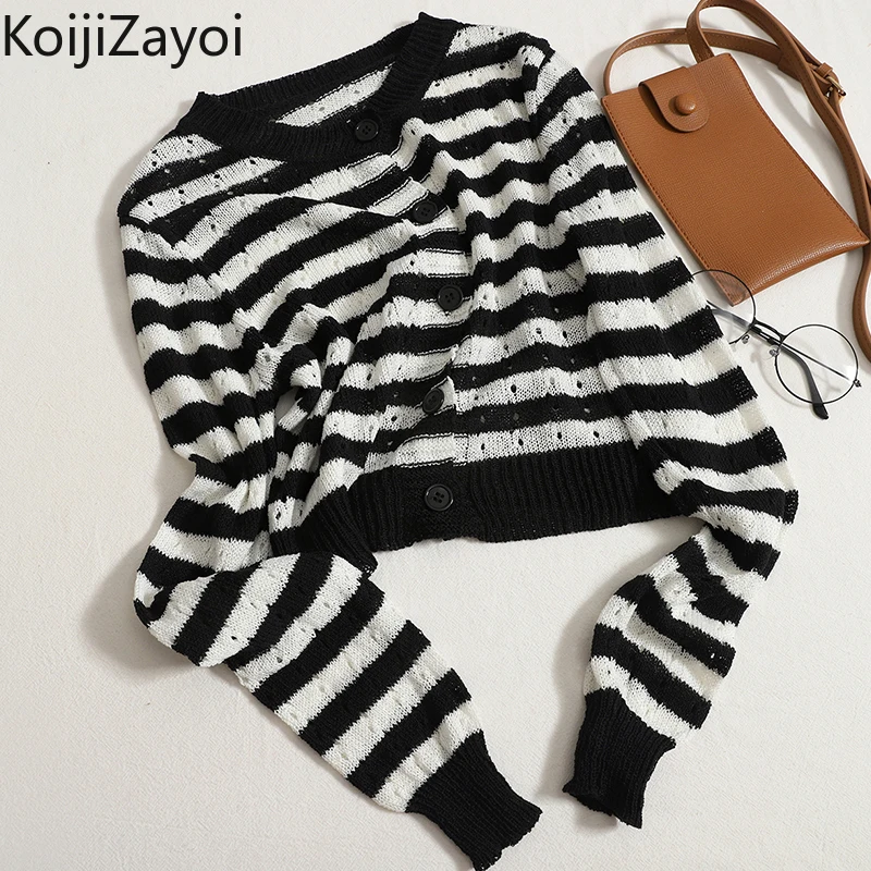 

Повседневный Женский вязаный кардиган Koijizayoi в полоску, Женский винтажный Укороченный кардиган на раннюю осень 2022, шикарные кардиганы, Ажур...