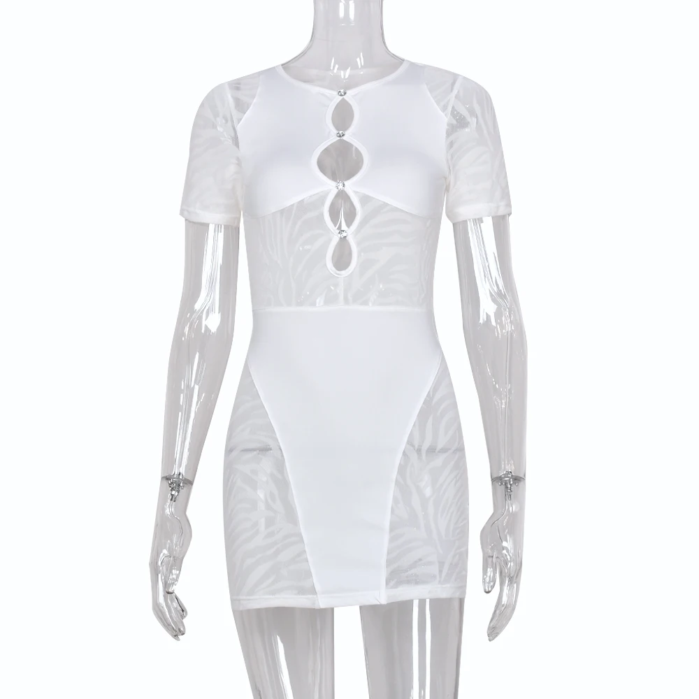 

Sexy stitching See Through Mini Dress For Women Summer Shape Hollow Out Hot Club waer Female Nightclub Bodycon Dress