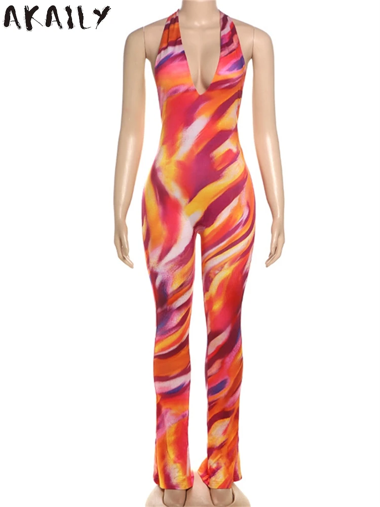 Akaily осенние женские сексуальные облегающие комбинезоны с принтом тай-дай