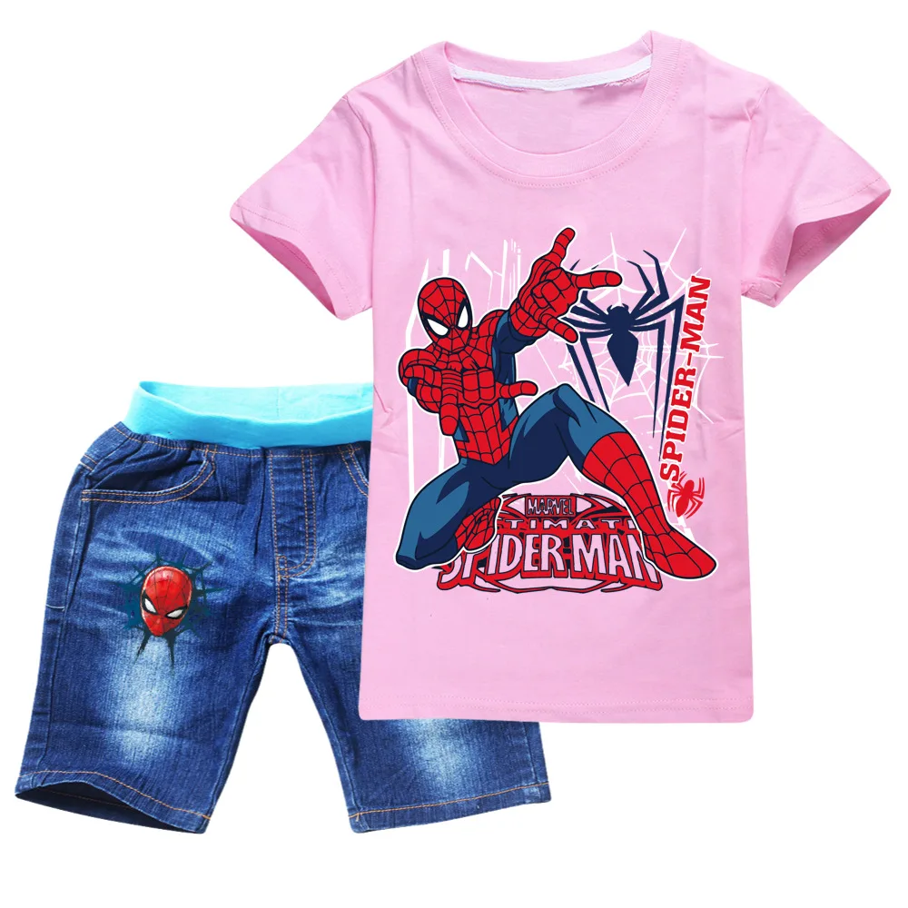 

2-16Y New Summer Boy Spiderman Cartoon Pullover Casual Fashion Children Girls Short Sleeve T+ Washed Pants Set