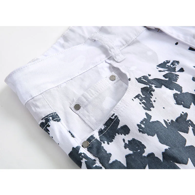 Plus Size Men's White Jeans Men Fashion Casual Printed Straight Jeans Pants Stretch Skinny Denim Jogger Trousers