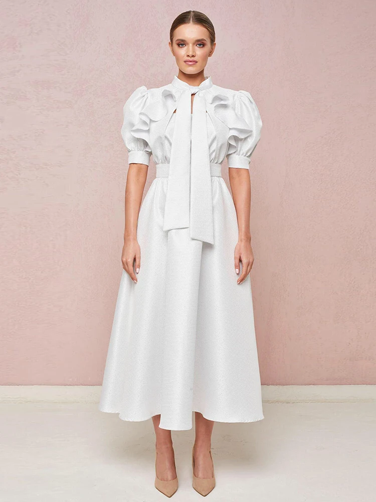 

Delocah High Quality Summer Women Fashion Runway Party Midi Dress Short Sleeve Bow Sashes Solid Color Printed A-Line Dresses