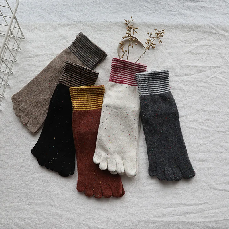 5 Pairs/Lot Woman Five Finger Socks Vintage Women's Gold Silk Socks Japanese Pure Cotton Autumn Winter Mid-Tube Split Toe Socks