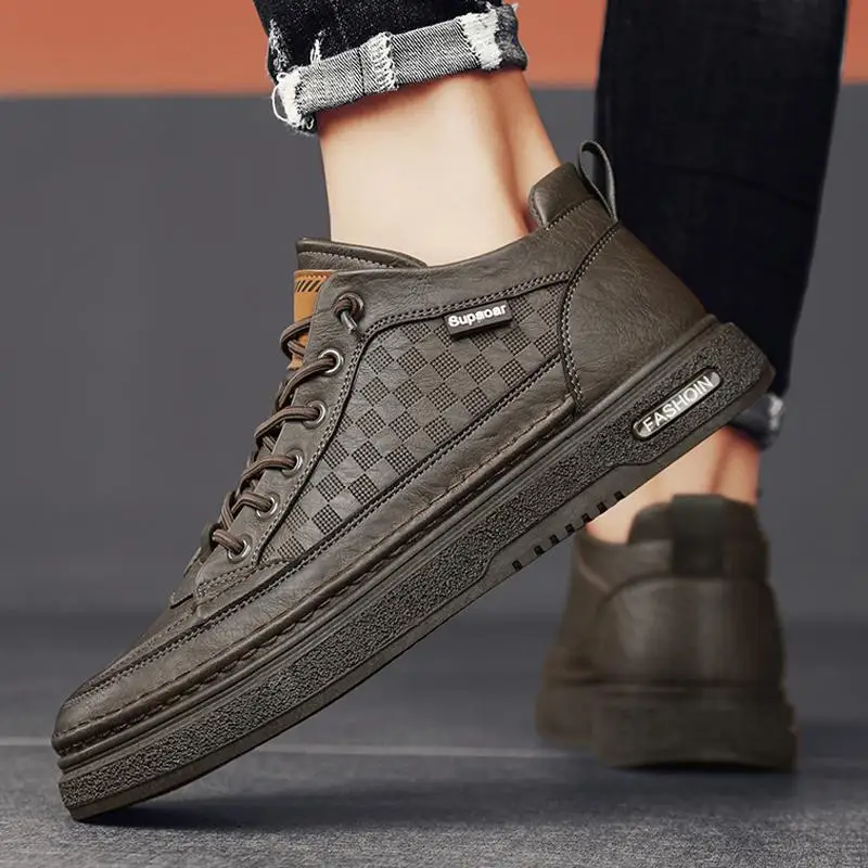 

Men's Winter Black Working Wear British Style Casual Motorcycle Leather Boots Men's High Heel plus Velvet Warm
