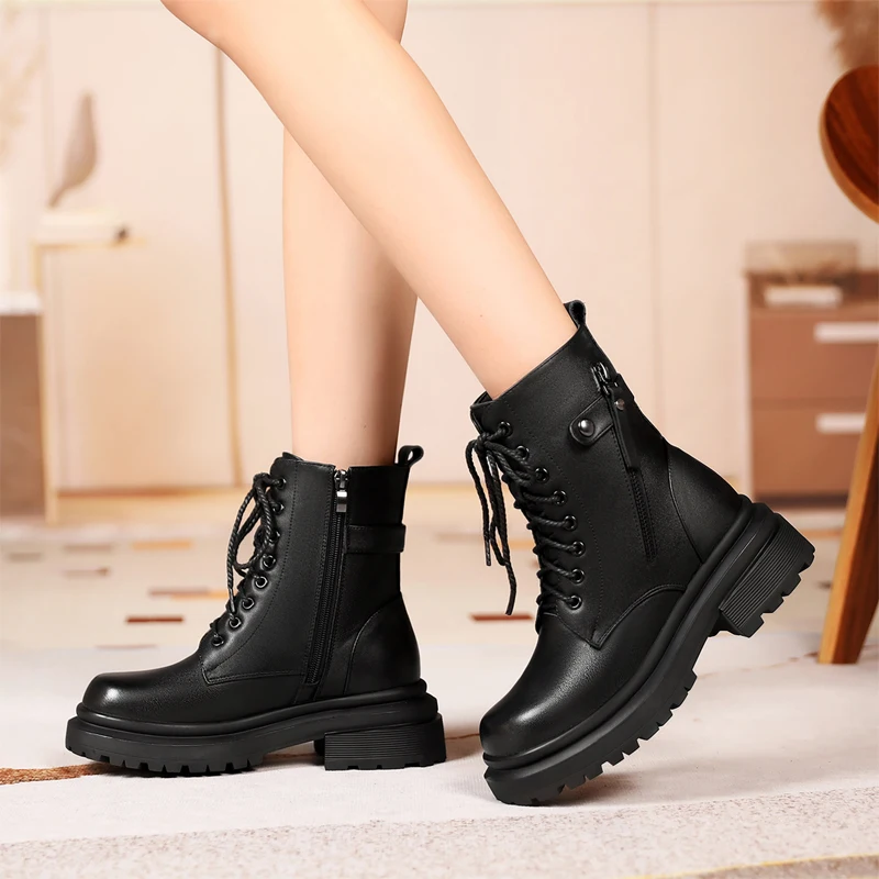 AIYUQI Women Boots Winter Large Size Genuine Leather Women Snow Boots Anti-Slip Fashion Natural Wool Women Combat Boots
