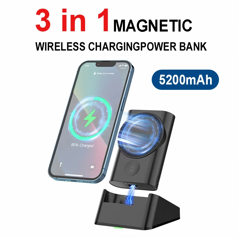 

3 In 1 Magnetic Power Bank 5200mA Wireless External Battery Powerbank For Iphone 12 13Pro Portable Charger Apple Watch 7 SE 6 5