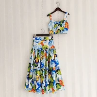 summer 2022 womens fashion floral print camisole high waist swing high street beach crop topbig swing skirt 2pcs set
