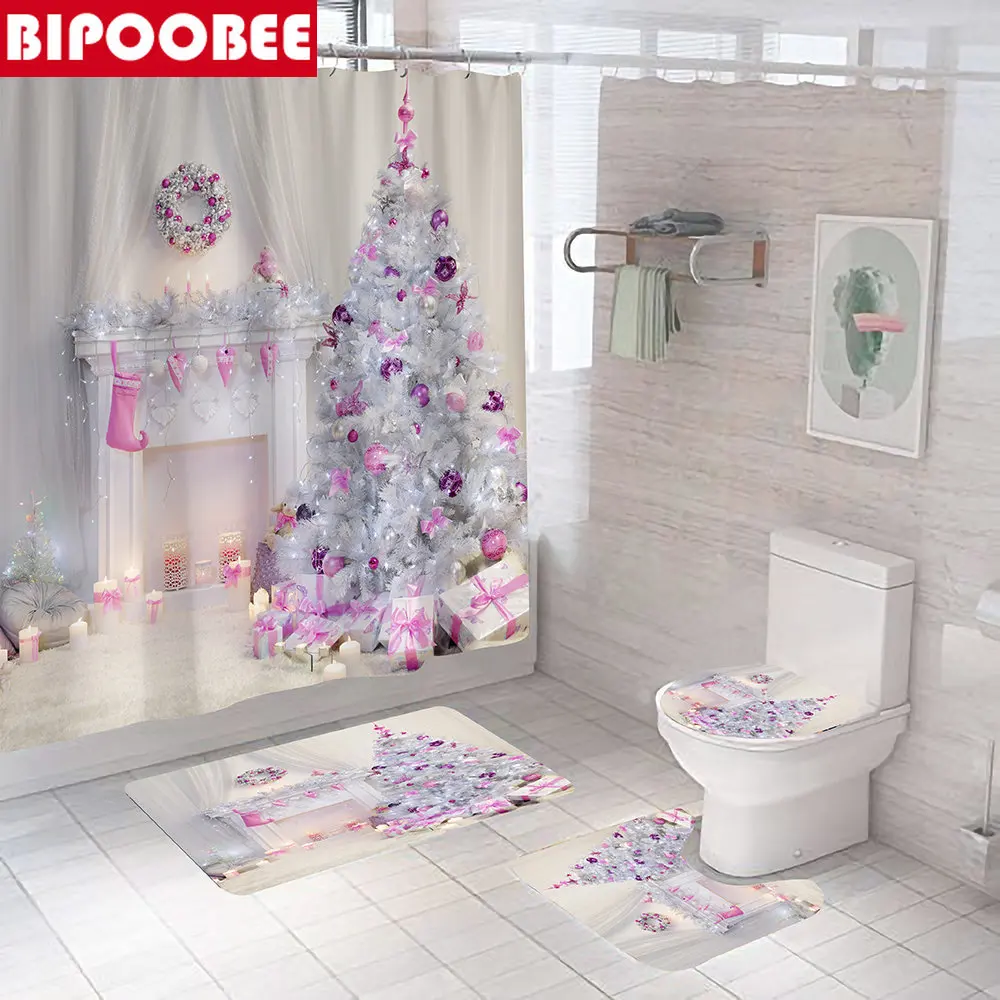 White Fireplace Christmas Tree Print Shower Curtain Bathroom Curtains Bath Mats Rugs and Toilet Lid Cover Holiday Party Decor