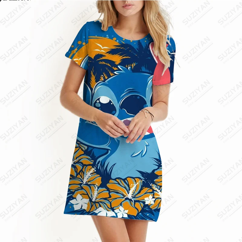 

Girls and Women's Summer Short Skirt Dress Short Sleeve 3D Printed Disney Loose A-line Round Neck Pullover 2023 New Large Stitch