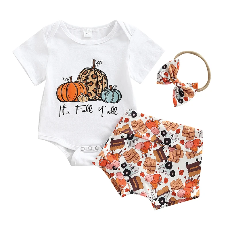 

3Pcs Baby Girls Halloween Outfit Pumpkin/Letter Print Short Sleeve Romper + Shorts + Headband Set for Infants 0-18 Months