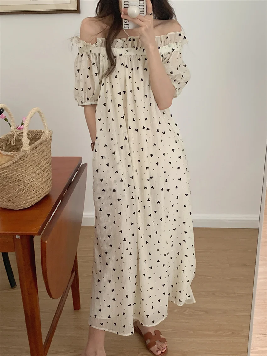 

Alien Kitty Summer Sexy Printed Hearts Dress Women Slash Neck Casual Chic 2022 New Loose Elegant All Match OL Sweet Vestidos
