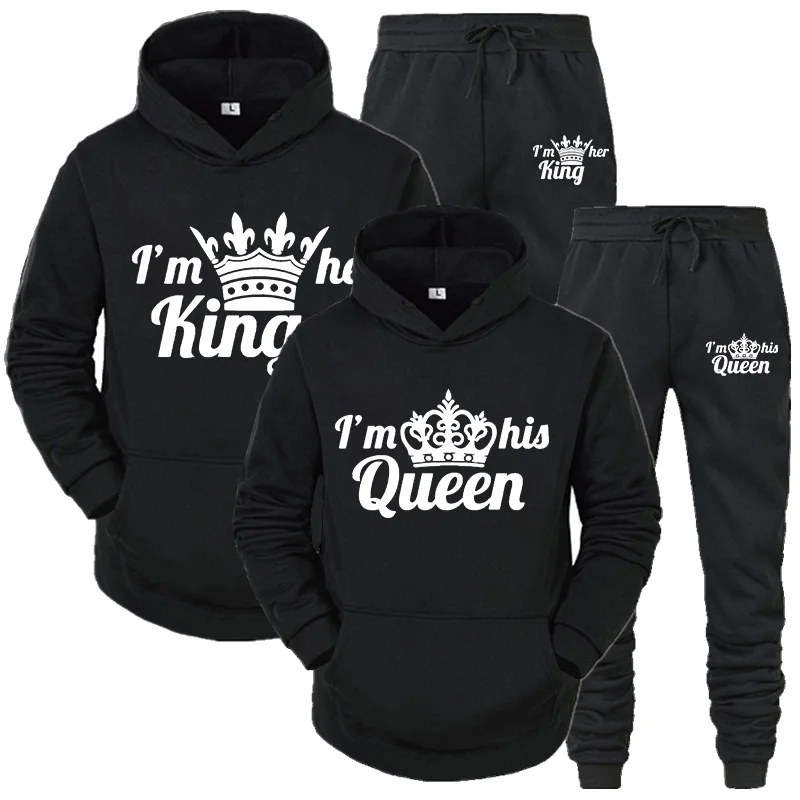New Couple Sportswear Hoodie printed queen king couple Sweatshirt plus size women's two-piece long sleeved trousers pullover