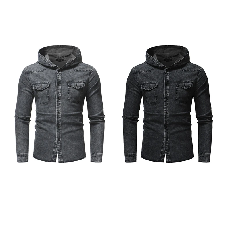 

2X Spring Wash Denim Shirt Men Long Sleeve Fashion Hooded Jeans Shirt Men Casual Slim Fit Shirt M Gray & Black